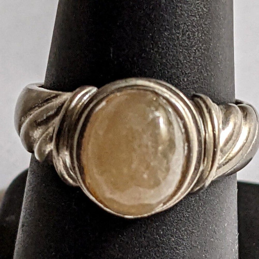 Vtg Signed GSJ 925 Sterling Silver Ring Round Tan Stone - Size 8 1/2
